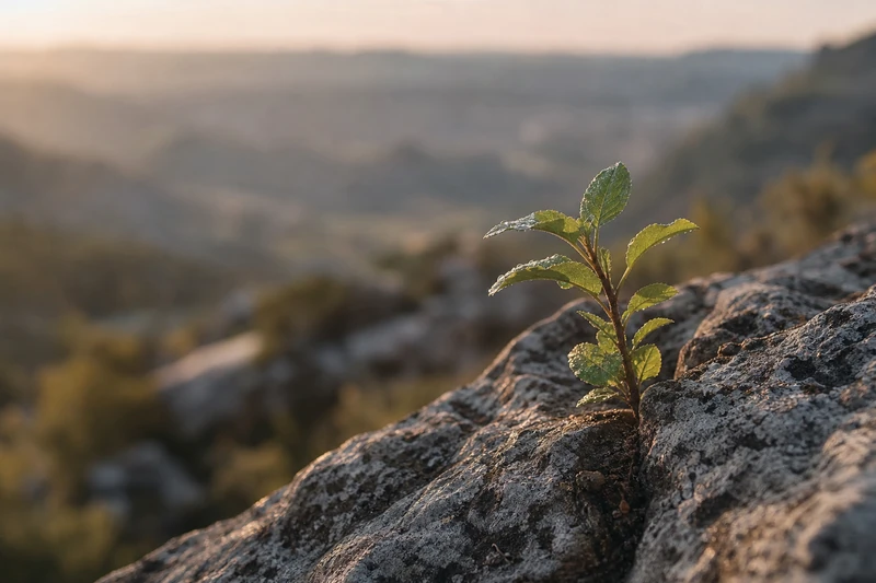 Junger Baum wächst zwischen Felsen als Sinnbild für Resilienz